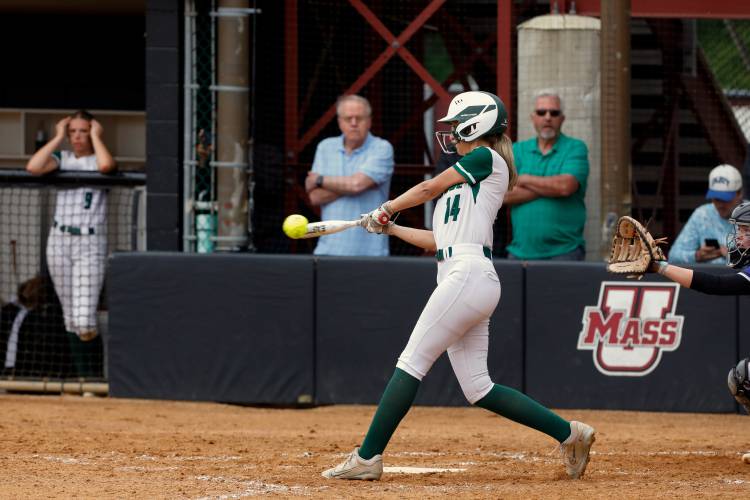 Greenfield’s Sophia Rotkiewicz (14) singles in a run against Turners Falls during the MIAA Division 5 softball state championship Saturday at UMass.