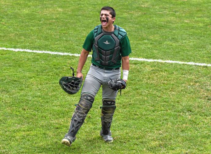 Greenfield catcher Luca Siano celebrates after helping turn a 1-2-3 double play during the team’s 7-3 win over Bourne in the MIAA Division 5 quarterfinal round on Saturday at Vets Field in Greenfield.