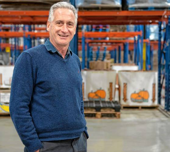 Andrew Morehouse, executive director of the Food Bank of Western Massachusetts, discusses food insecurity in the region from inside the organization’s new regional warehouse in Chicopee.