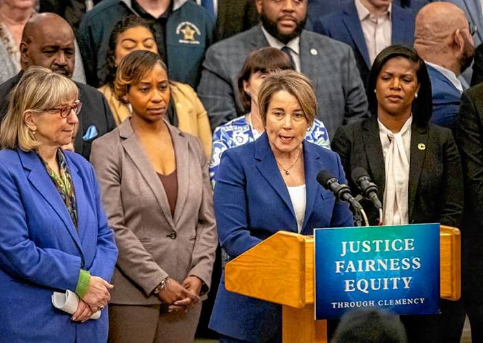Gov. Maura Healey announces details of her proposed blanket pardon for simple cannabis possession at a Grand Staircase press conference on Wednesday. She is joined by, from left, Senate President Karen Spilka, Attorney General Andrea Campbell and Cannabis Control Commission acting Chair Ava Callender Concepcion. Gov. Maura Healey announces details of her proposed blanket pardon for simple cannabis possession at a Grand Staircase press conference on Wednesday. She is joined by, from left, Senate President Karen Spilka, Attorney General Andrea Campbell and Cannabis Control Commission acting Chair Ava Callender Concepcion.