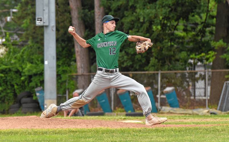 Greenfield’s Caleb Thomas (12) throws a pitch against Bourne during his team’s 7-3 win  in the MIAA Division 5 quarterfinal round on Saturday at Vets Field in Greenfield.