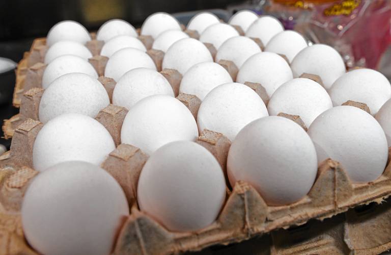 Flats of eggs at Brad’s Place in Greenfield. Egg prices have soared to record highs, with a nationwide average of $4.95 a dozen in January, up 15% from December, according to the U.S. Bureau of Labor Statistics.