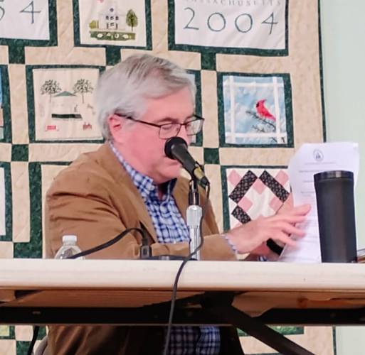 Petersham Advisory Finance Committee Chair Richard Cavanaugh discusses details of the town's proposed FY26 budget during Monday's Annual Town Meeting.