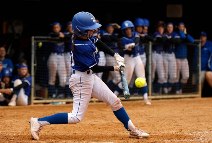 Turners Falls’ Addison Talbot (10) hits a single against Greenfield during the MIAA Division 5 softball state championship Saturday at UMass.