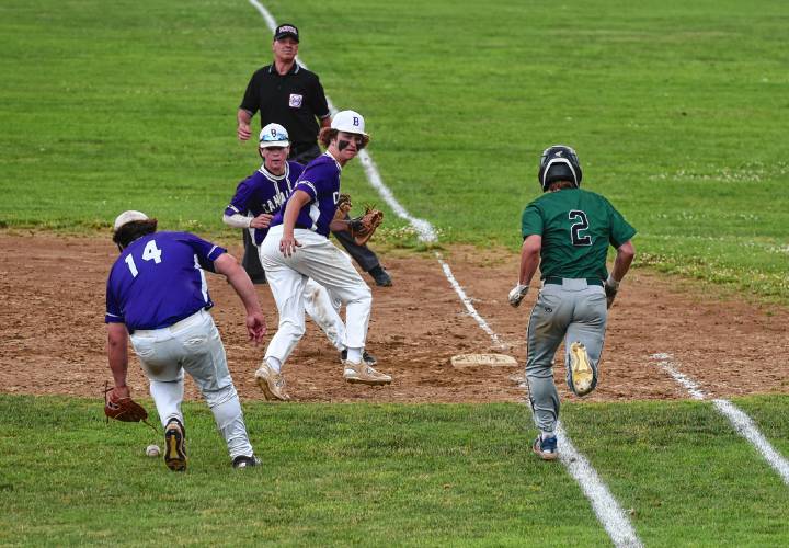 Greenfield’s John Marchefka (2) beats out an infield single on a bunt attempt during his team’s 7-3 win over Bourne in the MIAA Division 5 quarterfinal round on Saturday at Vets Field in Greenfield.
