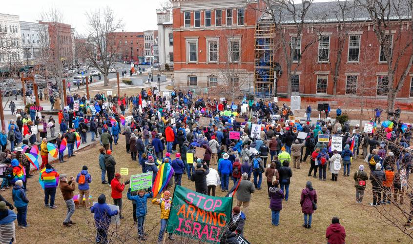 Hundreds of community members pour into Pulaski Park in Northampton for a rally Sunday afternoon organized by the group Northampton Resists.