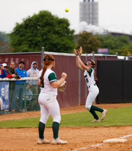 Greenfield shortstop Anna Bucala (15) tracks down a fly ball in foul territory for an out against Turners Falls during the MIAA Division 5 softball state championship Saturday at UMass.