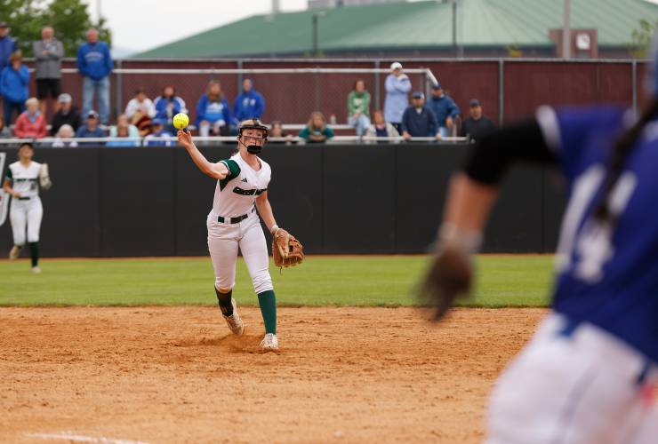 Greenfield shortstop Anna Bucala (15) throws to first for an out against Turners Falls during the MIAA Division 5 softball state championship Saturday at UMass.