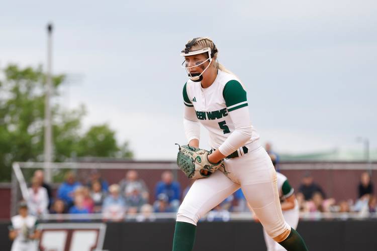 Greenfield pitcher MacKenzie Paulin (5) preps to throw against Turners Falls during the MIAA Division 5 softball state championship Saturday at UMass.