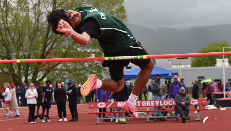 Greenfield’s Krish Patel competes in the boys high jump at the Division 2 Western Massachusetts championships at Mount Greylock Regional School on Saturday afternoon.