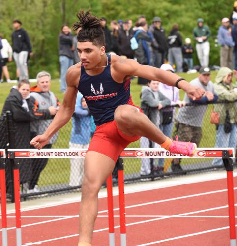 Mahar’s Mitchell Krasco leaps over a hurdle in the boys 110 meter hurdles at the Division 2 Western Massachusetts championships at Mount Greylock Regional School on Saturday afternoon.