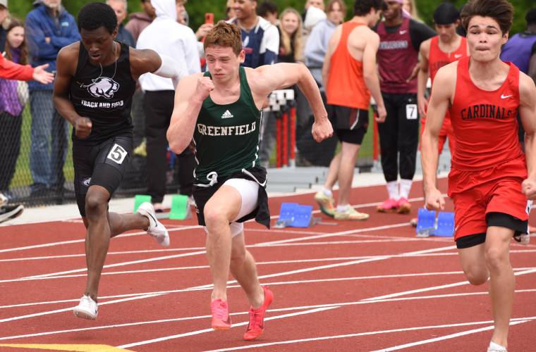 Greenfield’s Jack Laurie competes in the boys 100 meter dash at the Division 2 Western Massachusetts championships at Mount Greylock Regional School on Saturday afternoon.