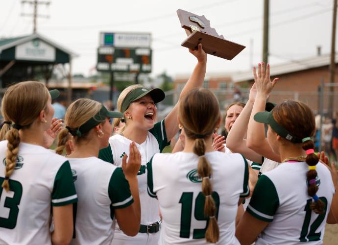 Greenfield players celebrate their MIAA Div. 5 quarterfinal win against West Boylston on Sunday in Greenfield.