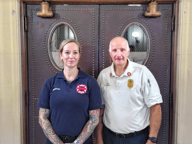 Trisha Gonynor, seen here with Fire Chief Joseph Guarnera, was recently sworn in as the first full-time female firefighter of the Athol Fire Department. Trisha Gonynor, seen here with Fire Chief Joseph Guarnera, was recently sworn in as the first full-time female firefighter of the Athol Fire Department.