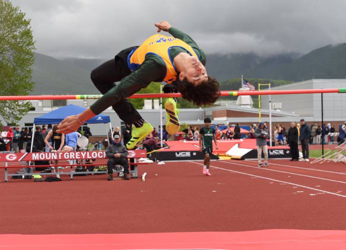 Mohawk Trail’s Chay Mojallali competes in the boys high jump at the Division 2 Western Massachusetts championships at Mount Greylock Regional School on Saturday afternoon.