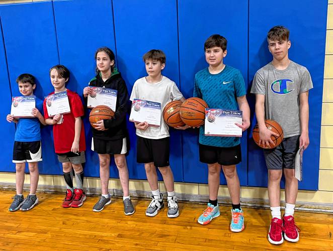On Saturday, Jan. 27, the Athol Knights Of Columbus held a free throw contest. Pictured here (L-R) are the contest’s champions: Austin Lyesiuk, Elijah Smith, Brielle McCorquodaleage, Ashten Dahistromage, Dillon Boudreauage and Clayde Thompson.