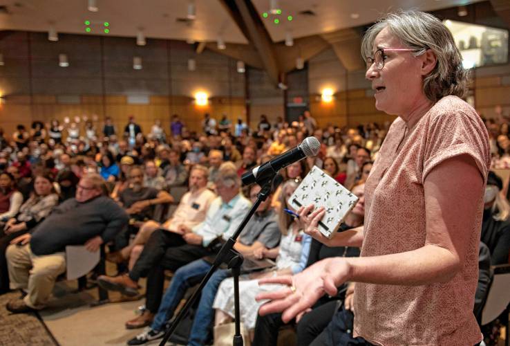 Brenda Bushouse, an associate professor of public policy at UMass, asks a question about the decision to use police force of Chancellor Javier Reyes  during a  Special Meeting of the Faculty Senate where  Reyes and  members of his administration made a presentation and answered questions about the campus protest, and policing actions occurring on May 7th through May 8th.