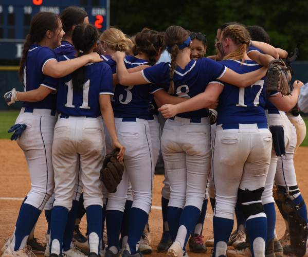 Turners Falls players celebrate after winning the Western Mass. Class D championship against Hoosac Valley at Westfield State this season. 