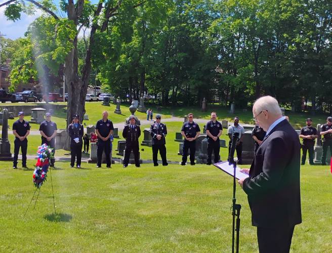 Athol Memorial Day keynote speaker and U.S. Army veteran Bill Wrigley speaks to the devotion of those that have served this country during Monday’s ceremony.
