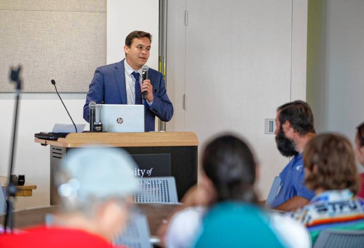 State Rep. Danillo Sena speaks during a forum hosted by the Public Higher Education Network of Massachusetts and the UMass Amherst Student Government Association to discuss the Debt Free Future Act with legislators Tuesday at the UMass Amherst Student Union.