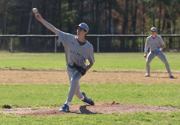 Granby’s Gavin Moreno (10) throws a pitch during the Rams’ loss to Greenfield on Monday afternoon in Granby.