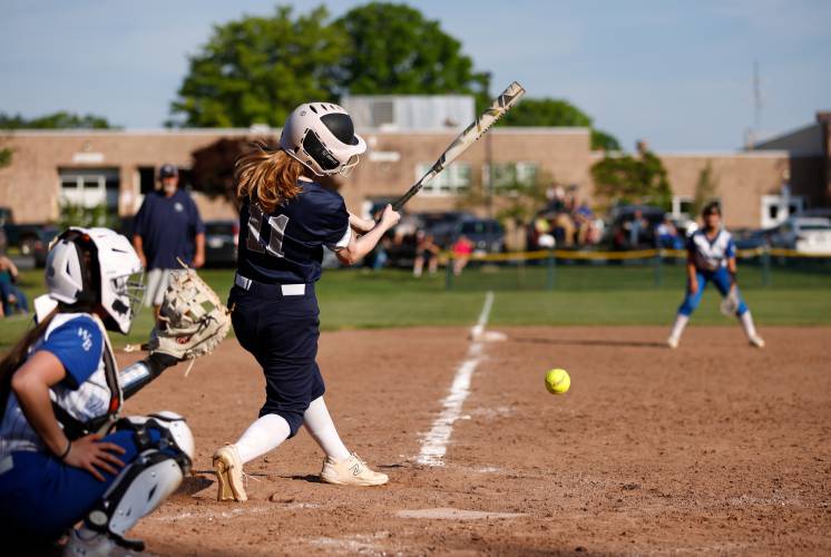 Franklin Tech’s Gianna DiSciullo (11) hits a grounder against West Boylston in the bottom of the fifth inning Wednesday during the MIAA Div. 5 Round of 16 game in Turners Falls.