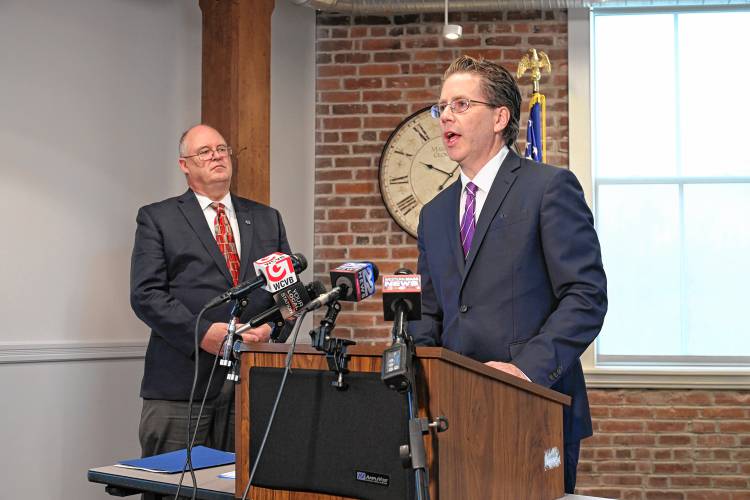 Northwestern District Attorney David Sullivan, left, and First Assistant District Attorney Steven Gagne announce the identity of a homicide victim found in Warwick in 1989 as Constance (Holminski) Bassignani.
