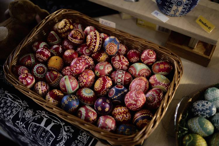 Traditional decorated Easter Eggs present in a basket on a table, prior to the opening of an Easter Market of Germany’s Slavic-speaking Sorbian ethnic minority, in Schleife, Germany, Sunday, April 6, 2025. Traditional decorated Easter Eggs present in a basket on a table, prior to the opening of an Easter Market of Germany’s Slavic-speaking Sorbian ethnic minority, in Schleife, Germany, Sunday, April 6, 2025.