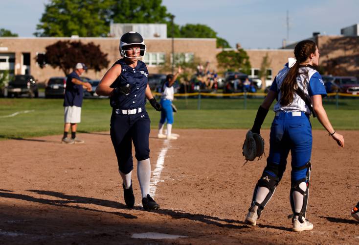 Franklin Tech’s Lindsey Taylor (1) scores against West Boylston in the bottom of the sixth inning Wednesday during the MIAA Div. 5 Round of 16 game in Turners Falls.