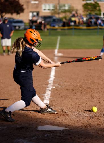 Franklin Tech’s Hannah Gilbert (9) hits a grounder against West Boylston in the bottom of the sixth inning Wednesday during the MIAA Div. 5 Round of 16 game in Turners Falls.