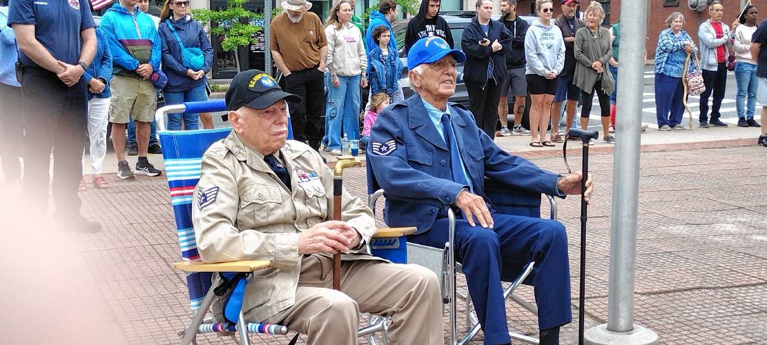 Jerry Godin and Elwin Deveneau were grand marshals for Memorial Day observances in Athol on Monday. 