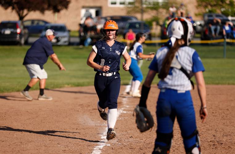 Franklin Tech’s Hannah Gilbert (9) scores against West Boylston in the bottom of the sixth inning Wednesday during the MIAA Div. 5 Round of 16 game in Turners Falls.