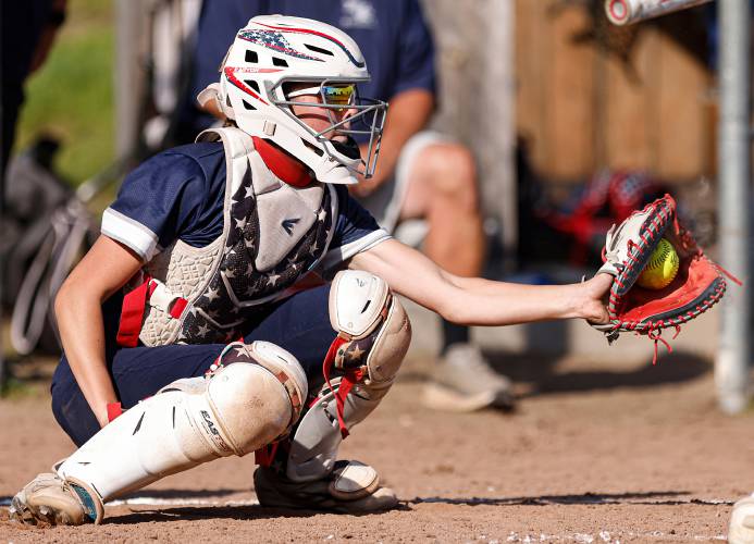 Franklin Tech catcher Kylee Gamache fields a pitch against West Boylston in the top of the fourth inning Wednesday during the MIAA Div. 5 Round of 16 game in Turners Falls.