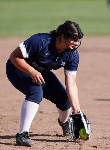 Franklin Tech’s Sandra Johnson (23) fields a grounder at third base against West Boylston in the top of the fourth inning Wednesday during the MIAA Div. 5 Round of 16 game in Turners Falls.