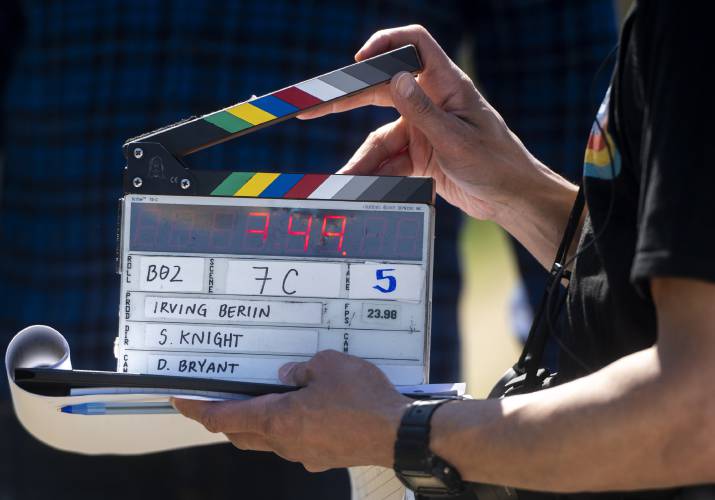 A clapperboard is set during production for the short-film “Irving Berlin's View of the East River” near the Connecticut River, Thursday, April 24, 2025, in Hadley.