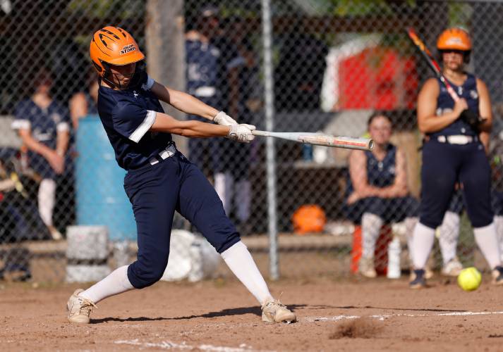 Franklin Tech’s Kylee Gamache (8) lines a ground ball against West Boylston in the bottom of the fourth inning Wednesday during the MIAA Div. 5 Round of 16 game in Turners Falls.