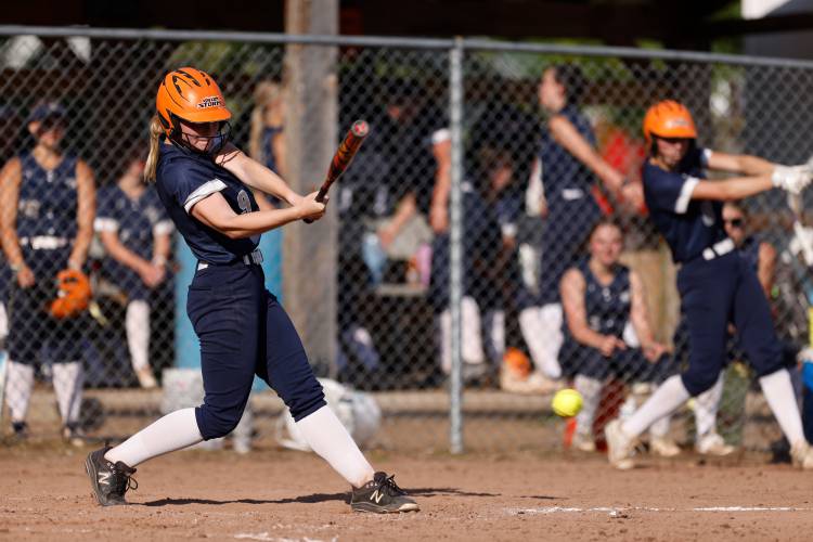 Franklin Tech’s Hannah Gilbert (9) puts the ball in play against West Boylston in the bottom of the fourth inning Wednesday during the MIAA Div. 5 Round of 16 game in Turners Falls.
