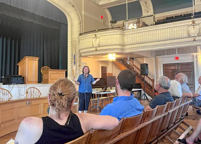 State Sen. Jo Comerford, D-Northampton, addresses constituents at Orange Town Hall on Monday regarding the Quabbin Reservoir water bills that she and Rep. Aaron Saunders, D-Belchertown, put forward. State Sen. Jo Comerford, D-Northampton, addresses constituents at Orange Town Hall on Monday regarding the Quabbin Reservoir water bills that she and Rep. Aaron Saunders, D-Belchertown, put forward.