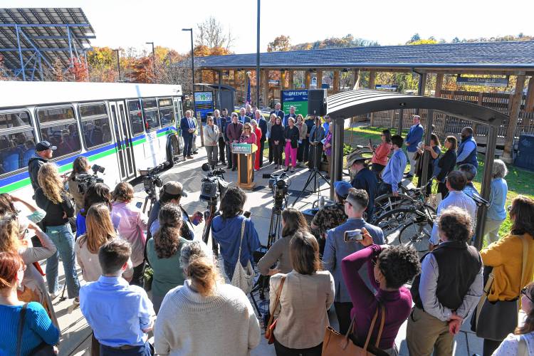 A press conference at the John W. Olver Transit Center in Greenfield on Thursday announced fare-free regional transit.