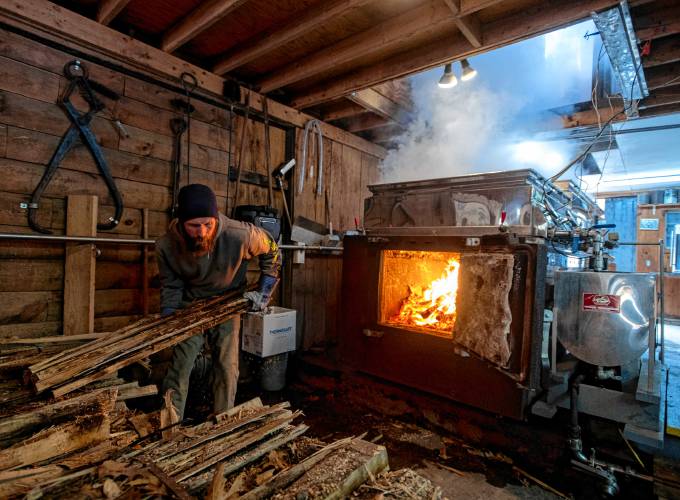 Jamison Smith grabs wood to burn while boiling sap at Paul’s Sugar House in Williamsburg on Thursday.