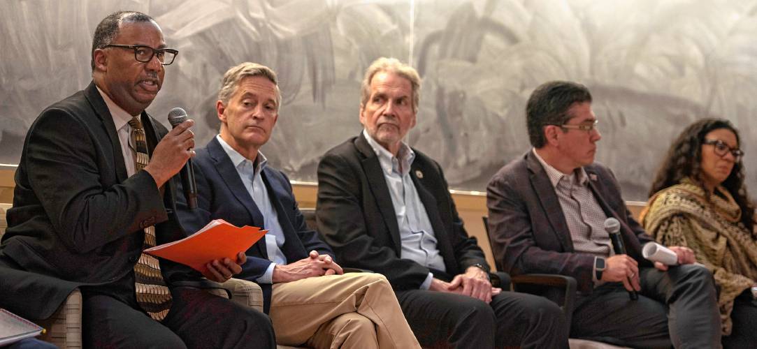 Tyrine Parham, UMass chief of police, answers questions during a  Special Meeting of the Faculty Senate where  Reyes and  members of his administration made a presentation and answered questions about the campus protest, and policing actions occurring on May 7th through May 8th.