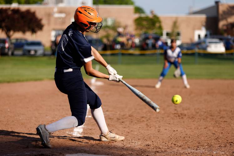 Franklin Tech’s Kylee Gamache (8) drives in a run against West Boylston in the bottom of the sixth inning Wednesday during the MIAA Div. 5 Round of 16 game in Turners Falls.