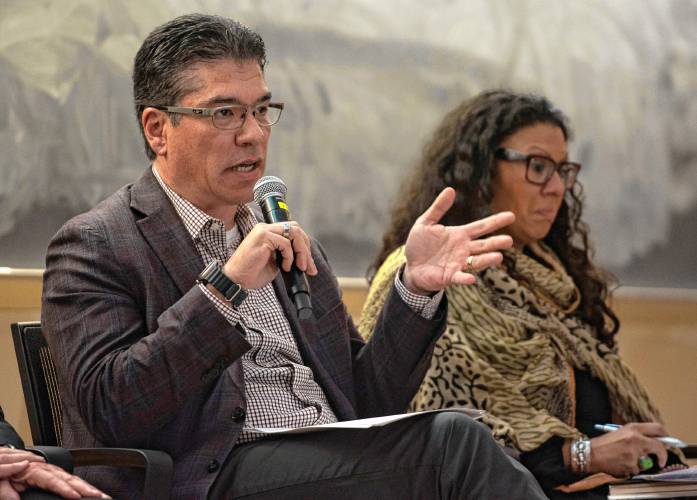 Chancellor Javier Reyes answers questions during a  Special Meeting of the Faculty Senate where  Reyes and  members of his administration made a presentation and answered questions about the campus protest, and policing actions occurring on May 7 through May 8.