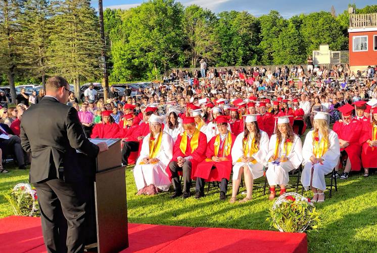 Athol High School Principal David King speaks to the Class of 2024 during Friday’s gradation ceremony.