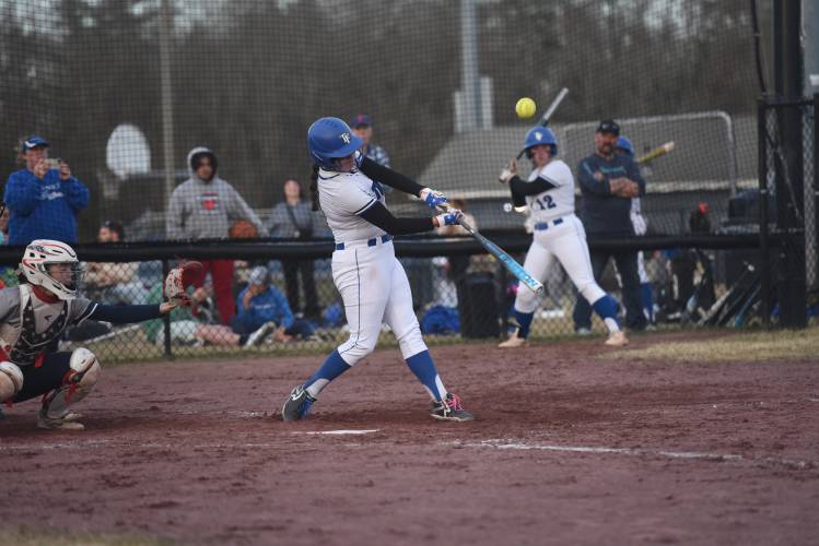 Turners Falls' Madi Liimitainen knocks a base hit against Franklin Tech on Friday at Gary Mullins Field in Turners. 