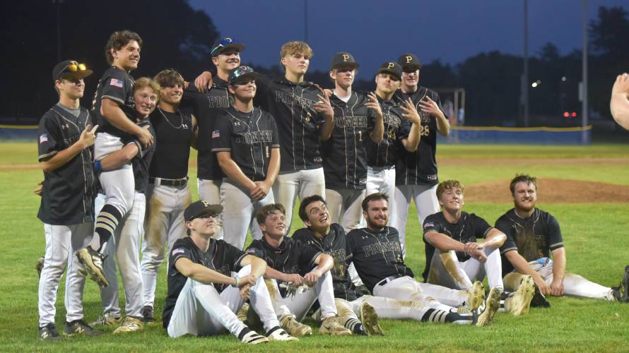 The Pioneer baseball team poses for a photo following the Panthers’ extra innings victory over Georgetown in the MIAA Division 5 Round of 16 on Thursday night in Northfield.