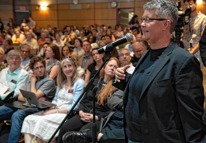 Laura Briggs, a a professor in the women, gender and sexuality studies  at UMass, asks a question about the decision to use police force of Chancellor Javier Reyes  during a  Special Meeting of the Faculty Senate where  Reyes and  members of his administration made a presentation and answered questions about the campus protest, and policing actions occurring on May 7th through May 8th.