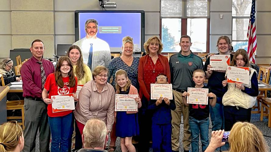 At its meeting on Wednesday, March 19, the Athol Royalston School Committee recognized those students named as Student of the Month at each of the schools. Students were nominated by their teachers, who provided comments on why they felt these students should receive this recognition. Pictured here are Cameron Lopes, Eden Hubbard, Brody Rushia, Abigail Strunk, Emily King and Subway Scholar Athlere Karleigh Chase. Not pictured are Aubrie Hermes, Lily Lichtenberger and Subway Scholar Athlete Sonia Arroyo. At its meeting on Wednesday, March 19, the Athol Royalston School Committee recognized those students named as Student of the Month at each of the schools. Students were nominated by their teachers, who provided comments on why they felt these students should receive this recognition. Pictured here are Cameron Lopes, Eden Hubbard, Brody Rushia, Abigail Strunk, Emily King and Subway Scholar Athlere Karleigh Chase. Not pictured are Aubrie Hermes, Lily Lichtenberger and Subway Scholar Athlete Sonia Arroyo.