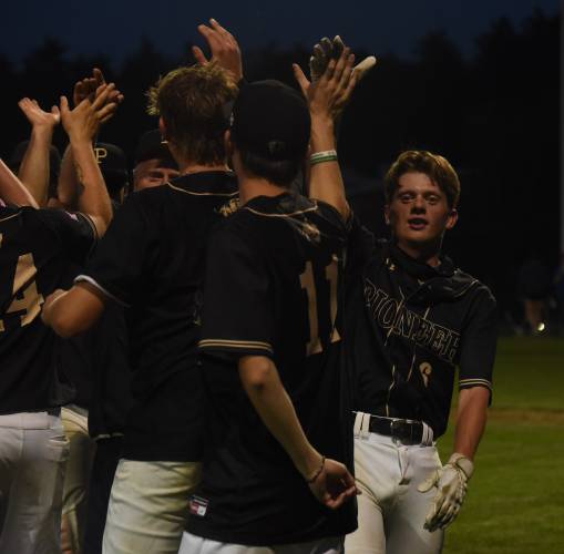 Pioneer’s Jackson Campbell, right, high fives his teammates after his walk-off hit during the Panthers’ extra innings victory over Georgetown in the MIAA Division 5 Round of 16 on Thursday night in Northfield.