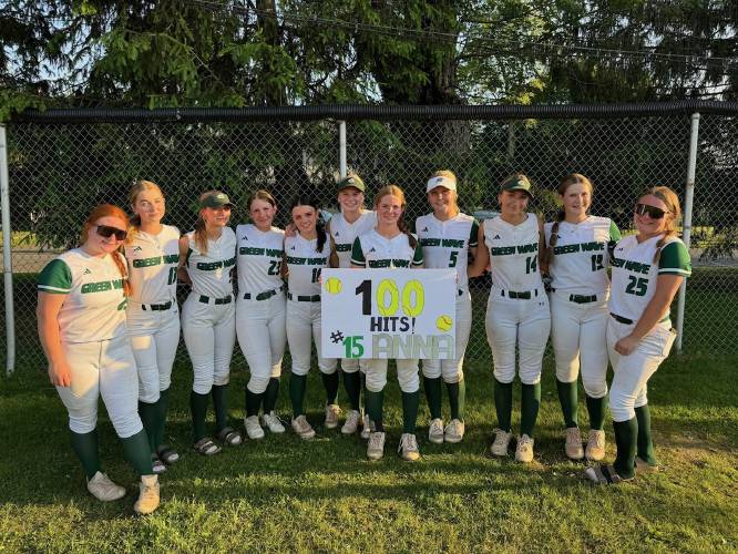 Greenfield’s Anna Bucala recorded her 100th career hit in the Green Wave’s state tournament win over Millis on Wednesday.
